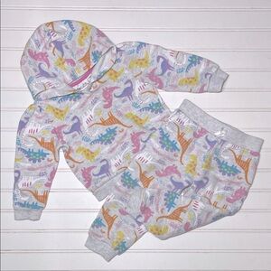 EUC Girls Adorable Multicolor Dinosaur Pullover Hoodie Sweatshirt Joggers Set